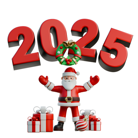 Le Père Noël en fête devant 2025  3D Illustration