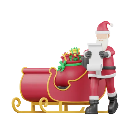 Père Noël et chariot de cadeaux  3D Illustration