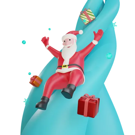 Le père Noël glisse avec des cadeaux  3D Illustration