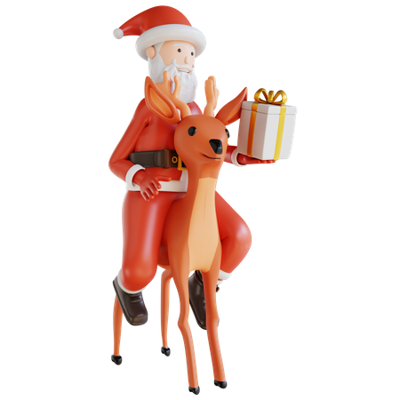 Père Noël chevauchant un cerf et une boîte cadeau  3D Illustration