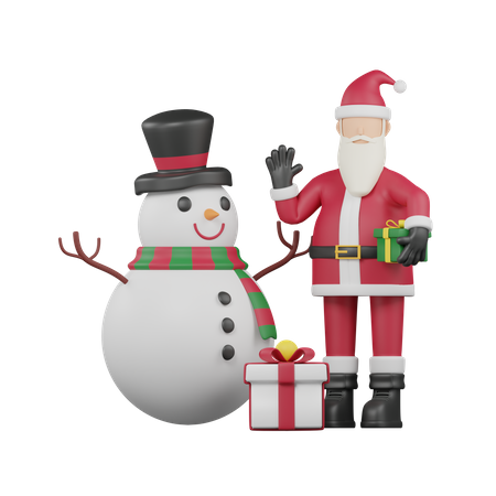 Père Noël et bonhomme de neige  3D Illustration