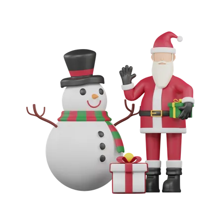 Père Noël et bonhomme de neige  3D Illustration