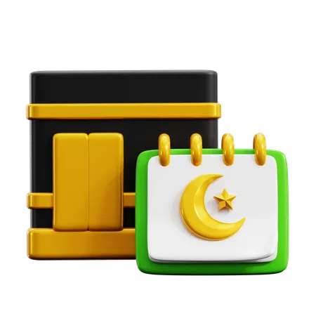 Peregrino Muculmano De Cubo Preto Kaaba Com Calendario Islamico Para Hajj E Calendario De Eventos Umrah Ilustracao De Icone 3 D Renderizar Design 3D Icon