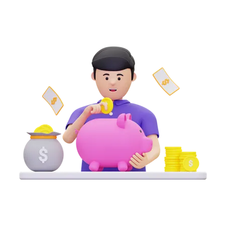 Person, die Bargeld spart  3D Illustration