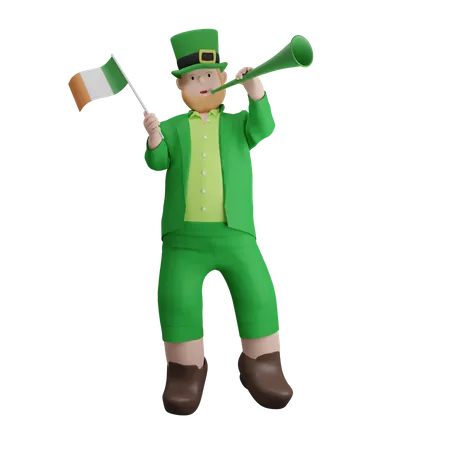 Persona irlandesa sosteniendo bandera y tocando trompeta  3D Illustration