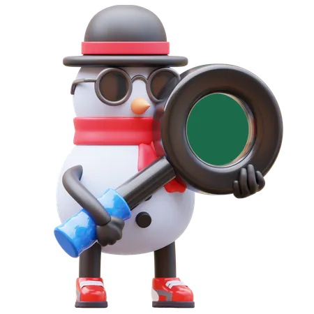 Personagem de boneco de neve com lupa  3D Illustration