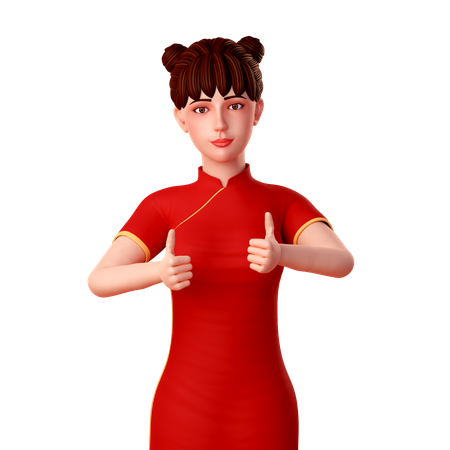 Caractere chinês posando com os polegares para cima com as duas mãos  3D Illustration