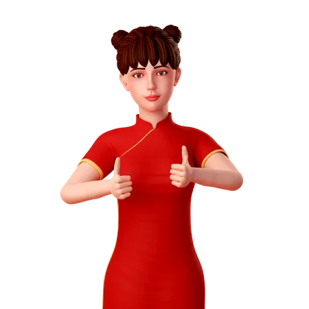 Caractere chinês posando com os polegares para cima com as duas mãos  3D Illustration