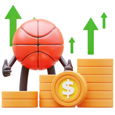 Personagem de basquete mostrando gráfico de dinheiro subindo  3D Illustration