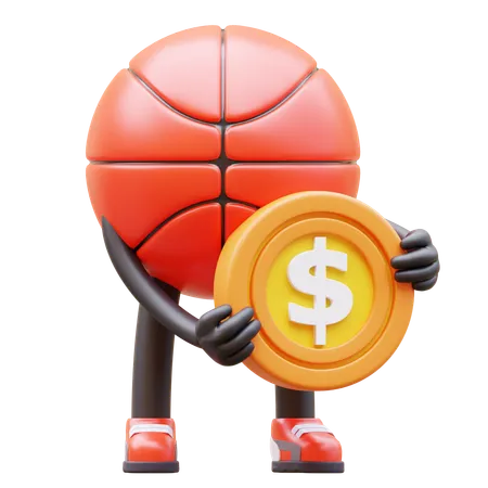 Personagem de basquete segurando moeda  3D Illustration