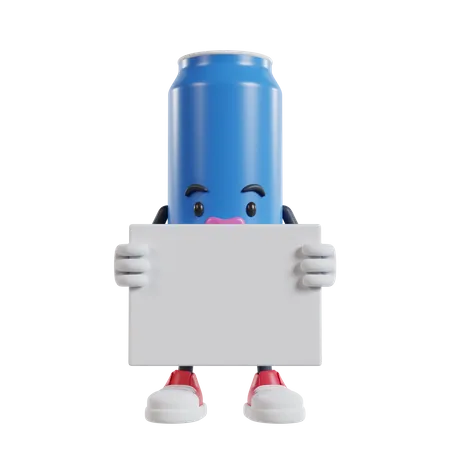 Personagem De Lata De Bebida Em Pe E Segurando Uma Pequena Faixa Branca Com As Duas Maos Ilustracao 3 D De Latas De Refrigerante 3D Illustration