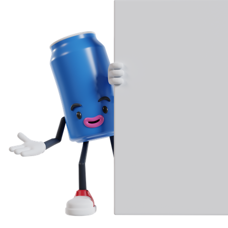 Personagem de lata de bebida espiando por trás de uma parede branca  3D Illustration