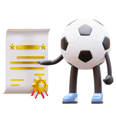 Personagem de bola de futebol recebe certificado  3D Illustration