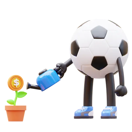 Personagem de bola de futebol regando planta de dinheiro para investimento  3D Illustration