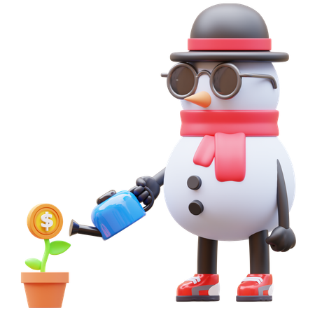 Personagem de boneco de neve regando planta de dinheiro para investimento  3D Illustration