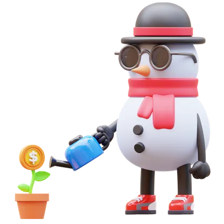 Personagem de boneco de neve regando planta de dinheiro para investimento  3D Illustration