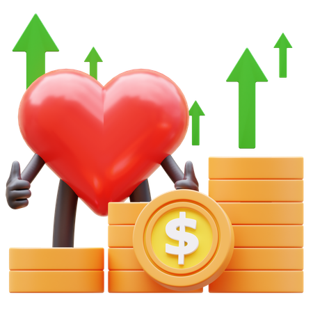 Personagem de coração mostrando gráfico de dinheiro subindo  3D Icon
