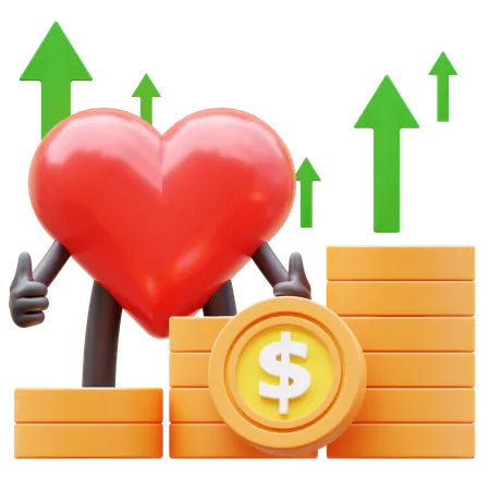 Personagem de coração mostrando gráfico de dinheiro subindo  3D Icon