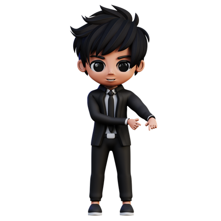 Personagem de empresário apontando para baixo no canto direito  3D Icon