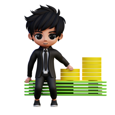 Personagem de empresário sentado sobre dinheiro  3D Icon