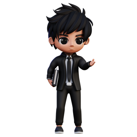 Personagem de empresário traz um livro e mostra algo  3D Icon
