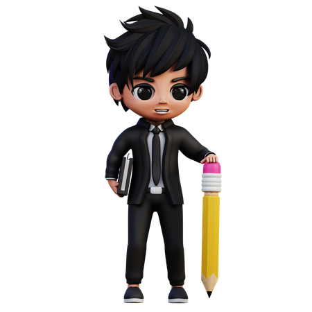 Personagem de empresário traz um livro e um lápis  3D Icon