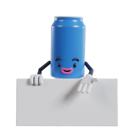 Personagem de latas de bebidas em pé atrás de uma faixa branca e mostrando pose com a mão esquerda  3D Illustration
