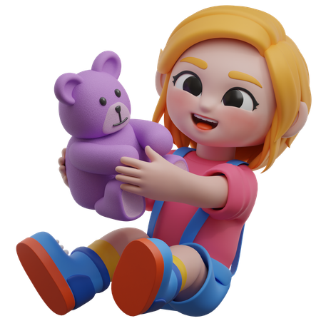 Personagem de menina com ursinho de pelúcia  3D Illustration