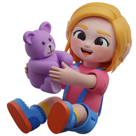 Personagem de menina com ursinho de pelúcia  3D Illustration