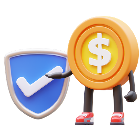 Personagem de moeda de dólar com escudo verificado  3D Icon