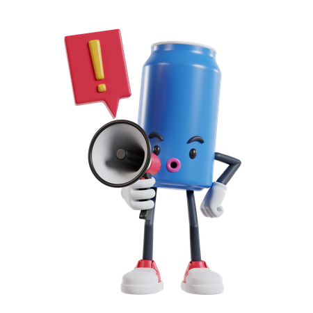 Personagem de lata de refrigerante falando alto com megafone dizendo não com ponto de exclamação  3D Illustration