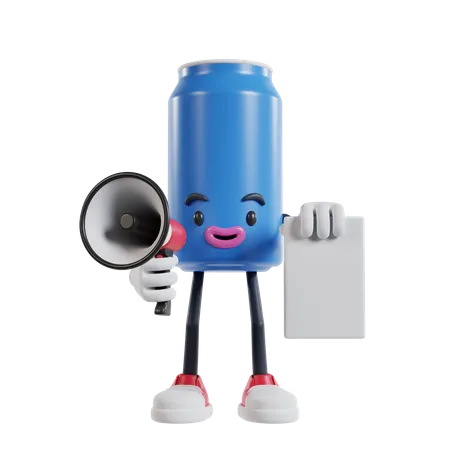 Personagem de lata de refrigerante falando em um megafone enquanto segura papel de panfleto  3D Illustration
