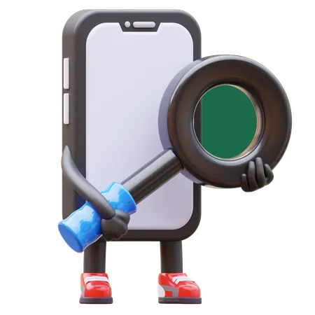 Personagem de smartphone com lupa  3D Illustration