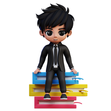 Personagem de empresário sentado em um livro  3D Illustration