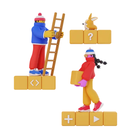 Homem 3 D Segurando Escadas E Mulheres Carregando Caixas 3D Illustration