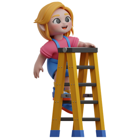 Personagem de menina em uma escada  3D Illustration