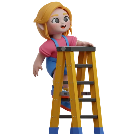 Personagem de menina em uma escada  3D Illustration