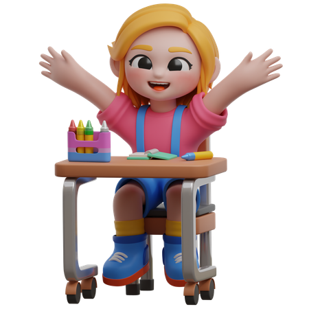 Personagem de menina na mesa com suprimentos  3D Illustration