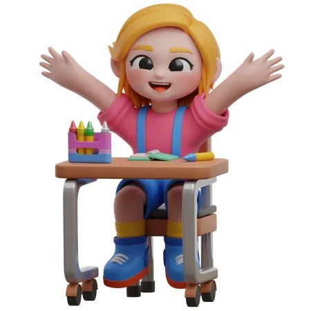 Personagem de menina na mesa com suprimentos  3D Illustration