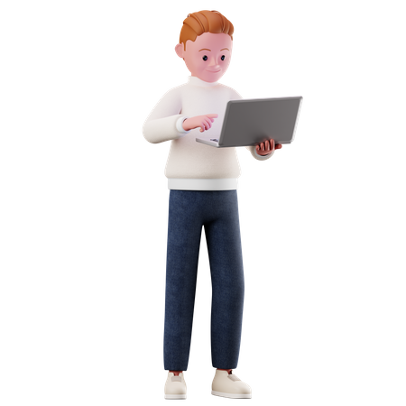 Personagem de menino usando um laptop  3D Illustration