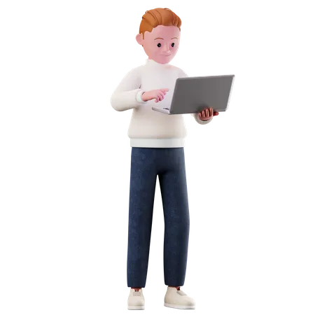 Personagem de menino usando um laptop  3D Illustration