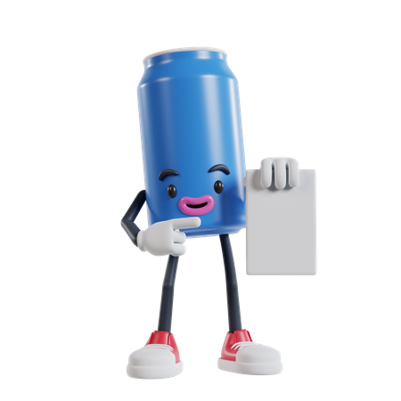 Personagem de lata de bebida segurando papel branco e apontando com o dedo indicador  3D Illustration