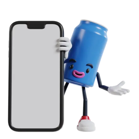 Personagem de lata de refrigerante aparece por trás de um grande telefone com a mão aberta  3D Illustration