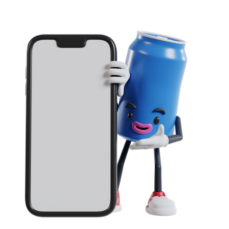 Lata de personagem de refrigerante espiando por trás de um grande celular e mostrando o que está na tela com a mão  3D Illustration
