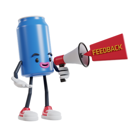 Personagem de lata de refrigerante segurando megafone pedindo feedback  3D Illustration