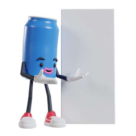 Personagem de latas de bebidas abre dois braços para um longo banner na lateral  3D Illustration