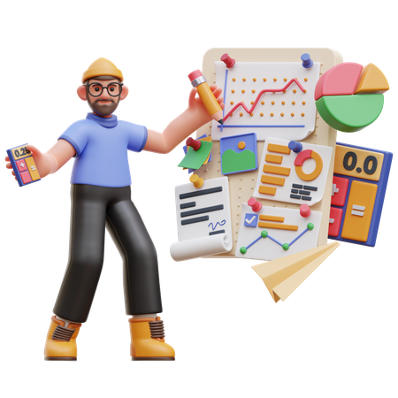 Personagem masculino analisando dados comerciais  3D Illustration