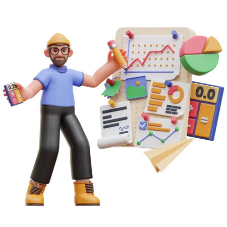 Personagem masculino analisando dados comerciais  3D Illustration