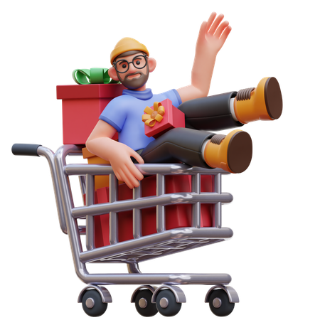 Personagem masculino carrinho de compras com presentes  3D Illustration