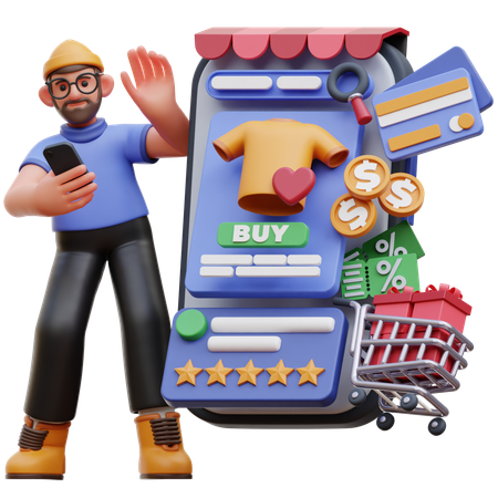 Personagem masculino fazendo compras online  3D Illustration